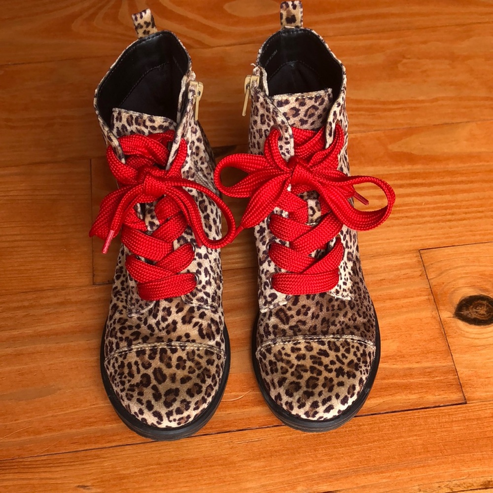 Dolce Vita Leopard Velvet Print Kids Boots with Thick Red Laces